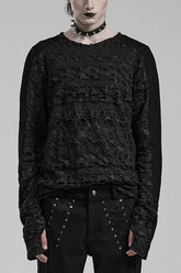 Black Long Sleeves Ripped Print Stitching Mens Gothic T-Shirt